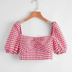Shirred Back Puff Sleeve Gingham Crop Top